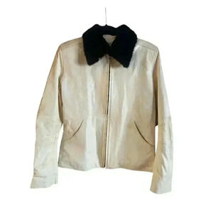 Ira Hoss Women’s 100% Leather Jacket Genuine Mink Collar Ivory Zip Up Size M